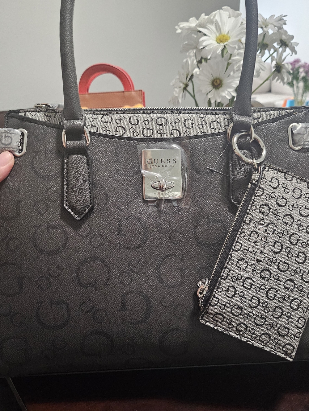 GUESS Black Logo Print Tote with Matching Removable Pouch